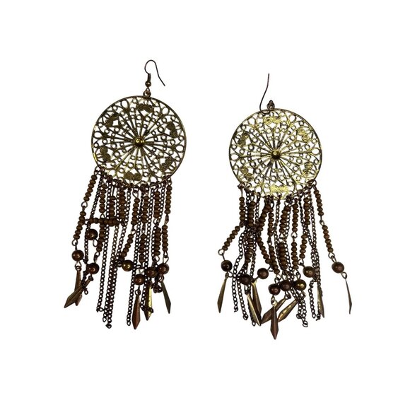 Vintage Gold Filigree Dreamcatcher Dangle Earrings With Bead & Chain Fringe A250 - Picture 5 of 12